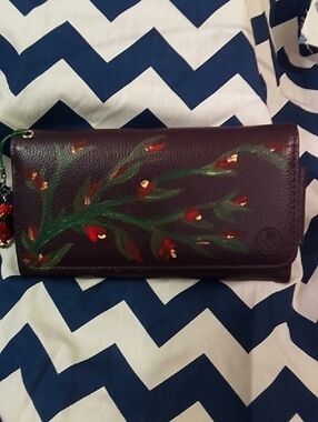 Hand Crafted Burgundy Leather Wallet with Hand-Painted Floral Accents